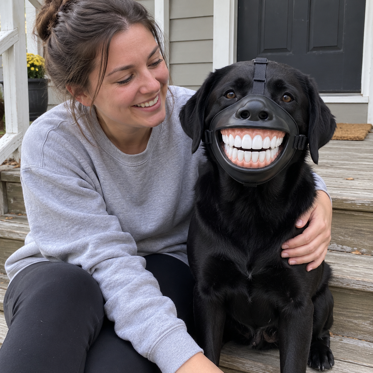 Owner sitting beside a black dog wearing the Big Smile Energy accessory on a porch.