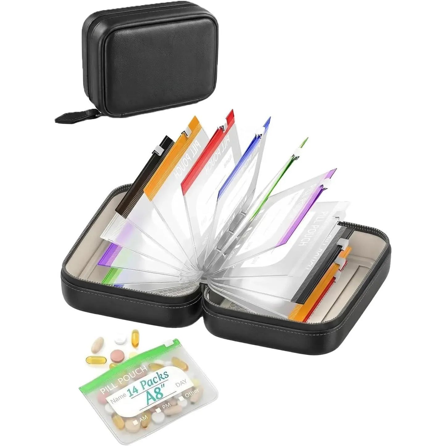 ๐A8 Waterproof 14-Pouch Weekly Pill Organizer, Color-Coded Travel Storage for Vitamins & Supplements