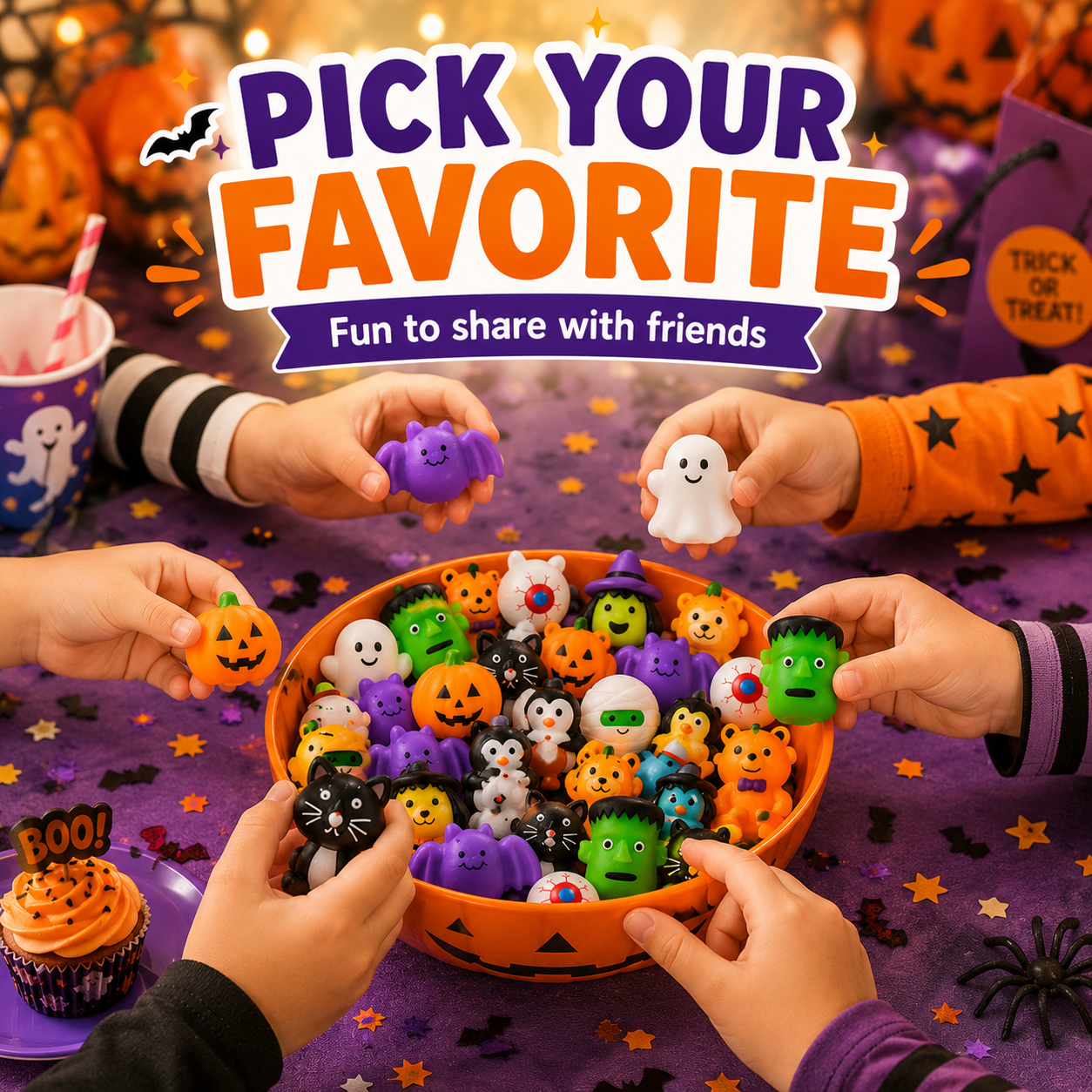 Halloween squishy assortment in a classroom prize box with pencils and reward stickers
