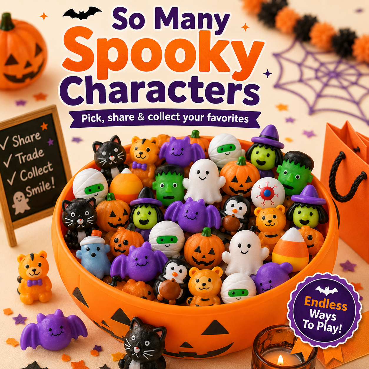 Colorful Halloween squishy characters including ghosts, black cats, pumpkins, mummies and monsters
