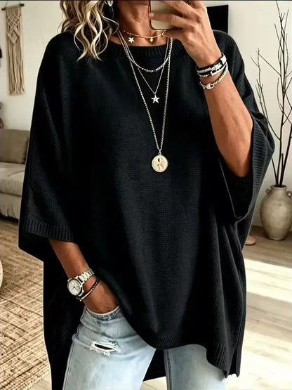 Women Round Neck Side Slit Oversized Batwing Sleeve Knit Top