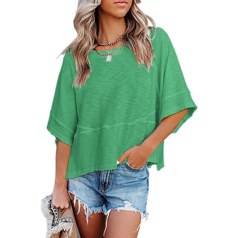 Women's Summer Casual Crewneck Batwing Half Sleeve T-Shirts Solid Color Loose Fit Cute Basic Flowy Tops Tees Blouses