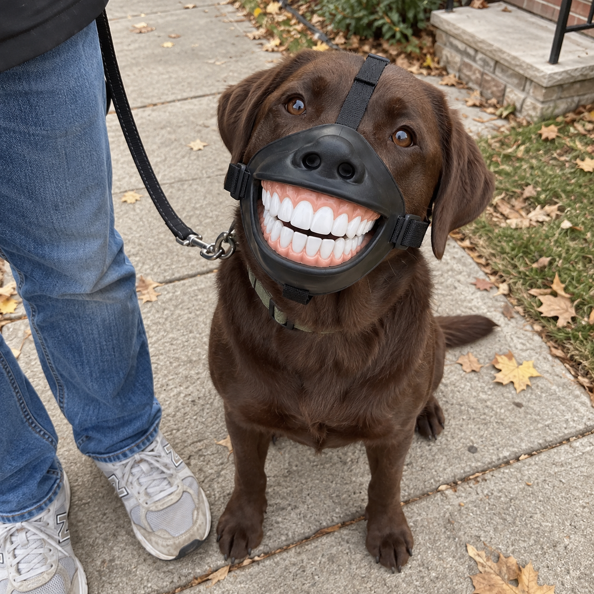 Brown dog sitting beside its owner for a photo with the smile accessory.
