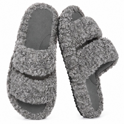 Women's Fuzzy Open-Toe Slippers – Stylish Classic Slides with Soft Memory Foam, Non-Slip Rubber Sole, Perfect Cozy Footwear ,Girl Fur Flipflop Walking Shoes Fluffy Modern Sleeper Slip On Clog